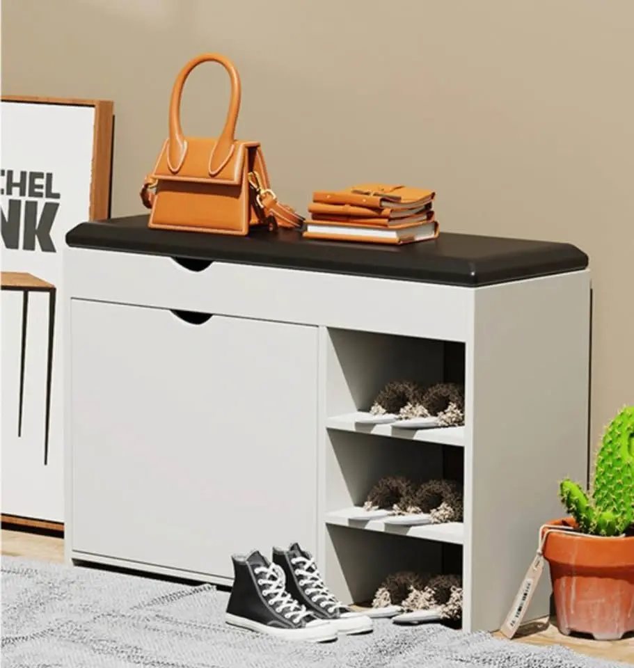 Shoe Bench with Padded Seat & Flip-Drawer (White)